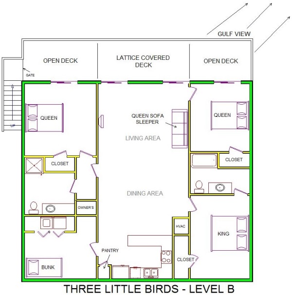 A level B layout view of Sand 'N Sea's beachside house vacation rental in Galveston named Three Little Birds